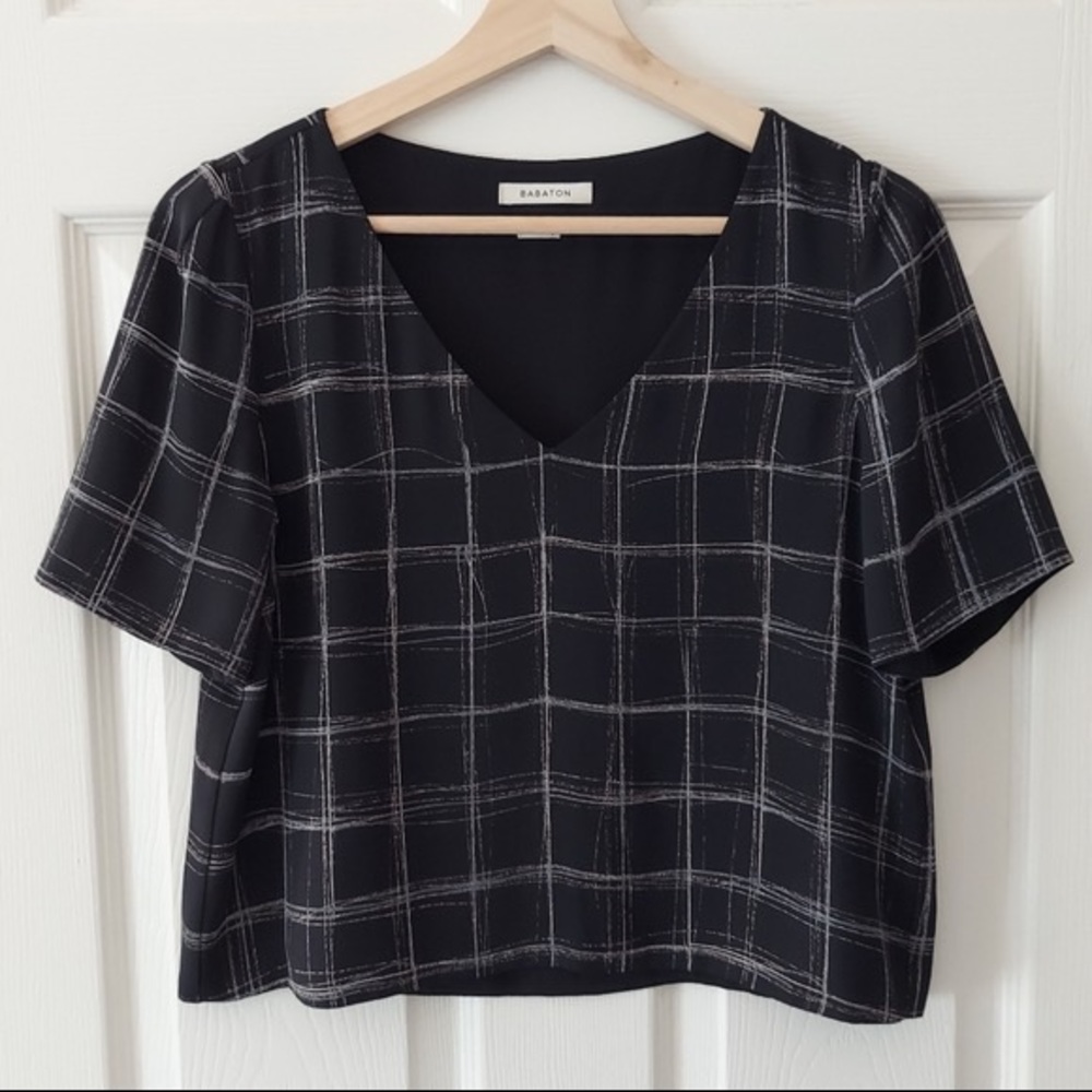Aritzia Randy Blouse, navy and white windowpane pattern